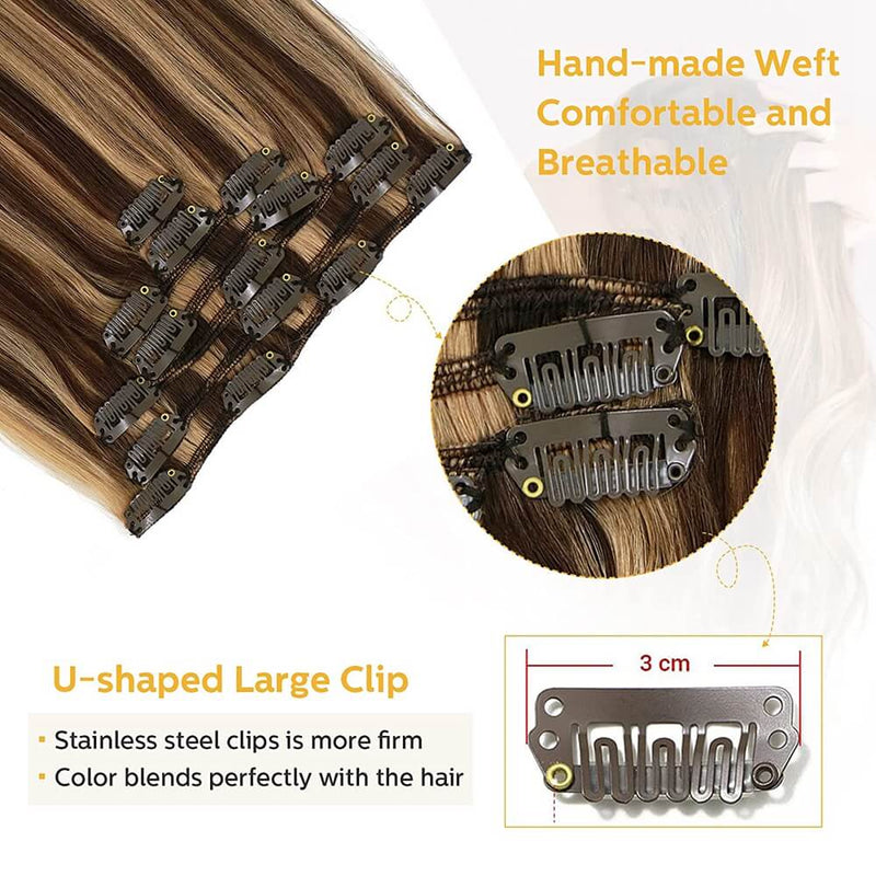 8A Chocolate Brown to Caramel Blonde Clip in Remy Human Hair Extensions (7pcs/70g #4P27)