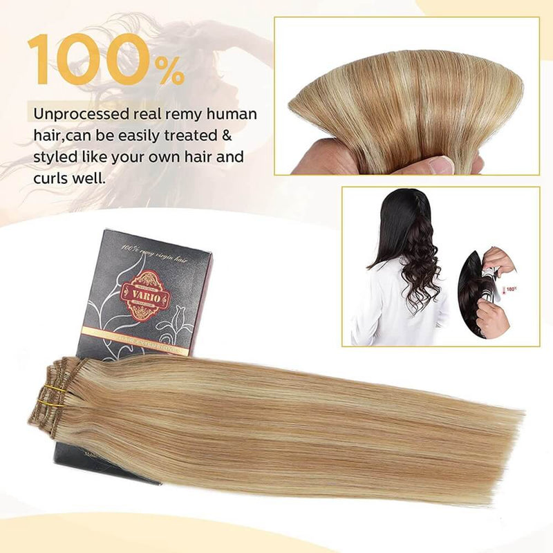 8A Golden Brown Mix Medium Blonde Clip in Remy Human Hair Extensions (7pcs/70g #12P613)