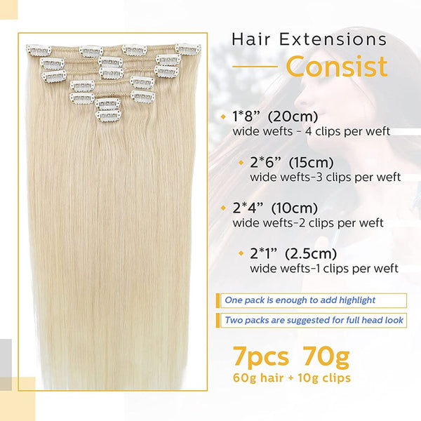 8A Platinum Blonde Clip in Remy Human Hair Extensions (7pcs/70g #60)