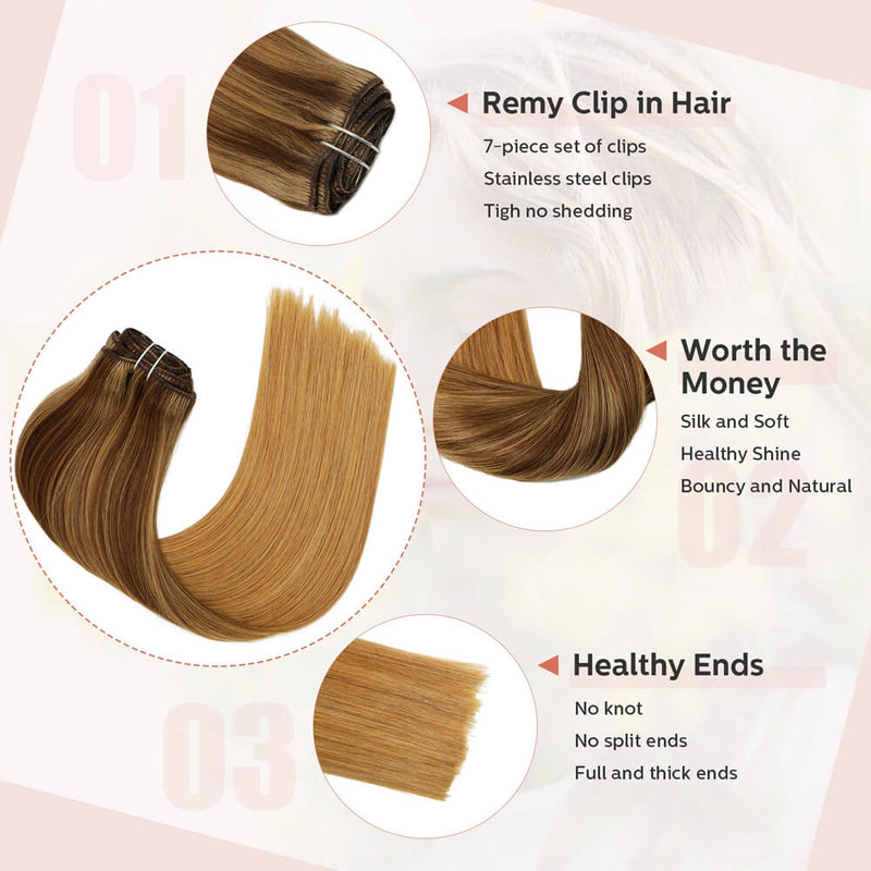 9A Medium Brown Fading to Golden Brown and Strawberry Blonde Highlighted Clip in Remy Human Hair Extensions 7pcs/120g/#4P10T27