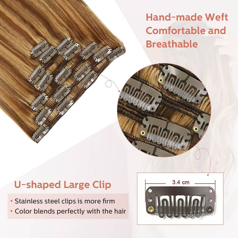 9A Medium Brown Fading to Golden Brown and Strawberry Blonde Highlighted Clip in Remy Human Hair Extensions 7pcs/120g/#4P10T27