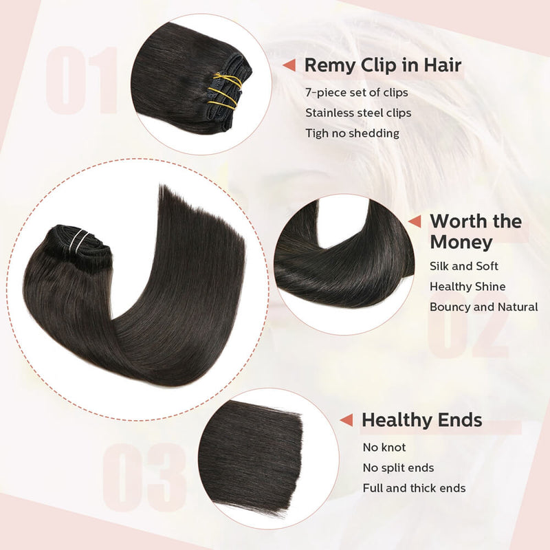 9A Natural Black Clip in Remy Human Hair Extensions 7pcs/120g/#1B