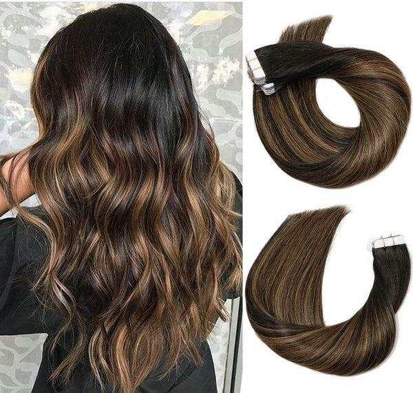 9A Natural Black to Chestnut Brown Highlight Black Piano Color Double Sided Tape In Remy Human Hair Extensions (20pcs/50g #1BT6P1B)