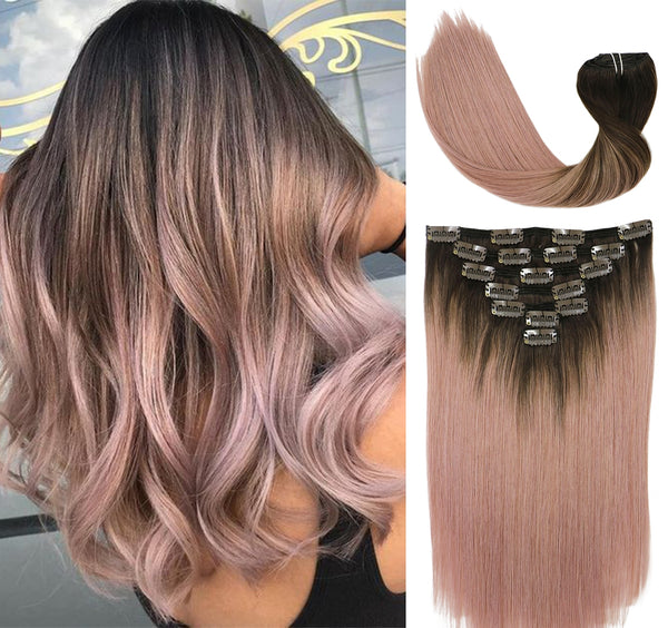 9A Ombre Dark Brown to Pink Gray Clip in Remy Human Hair Extensions 7pcs/120g/#2tGRAY