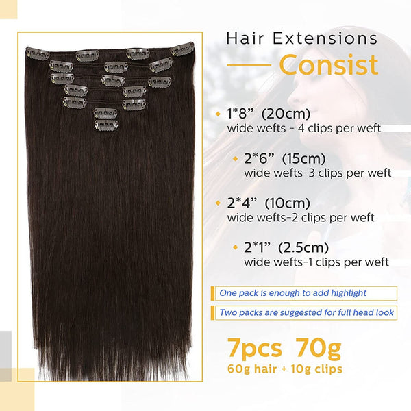 8A Dark Brown Clip in Remy Human Hair Extensions (7pcs/70g #2)