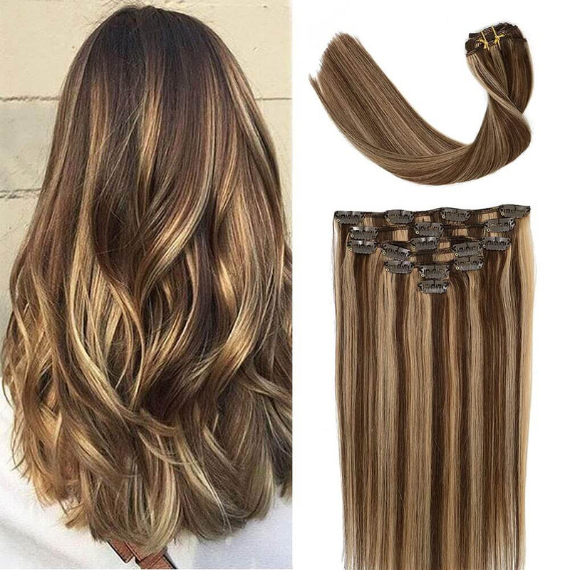 8A Chocolate Brown to Caramel Blonde Clip in Remy Human Hair Extensions (7pcs/70g #4P27)