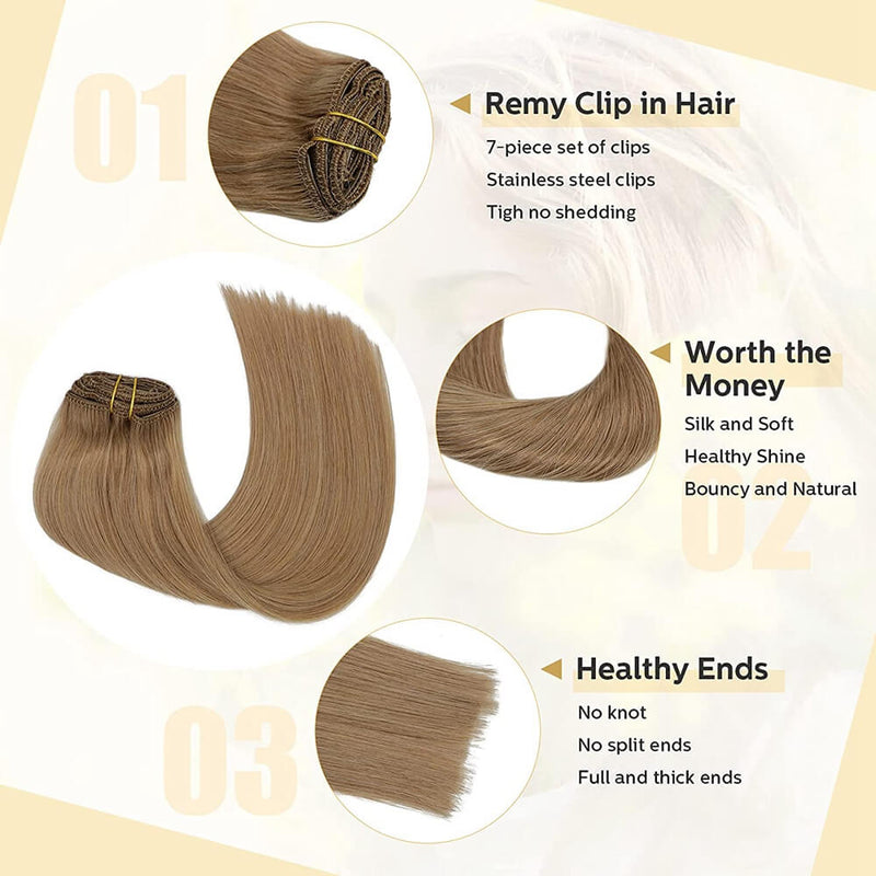 8A Golden Brown Clip in Remy Human Hair Extensions (7pcs/70g #12)