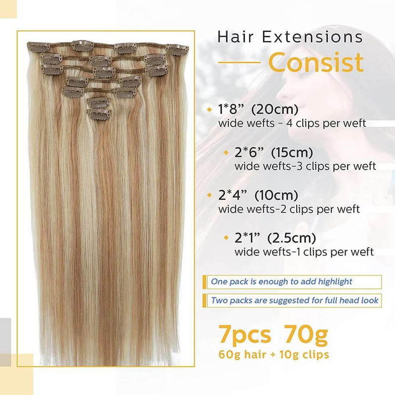 8A Golden Brown Mix Medium Blonde Clip in Remy Human Hair Extensions (7pcs/70g #12P613)