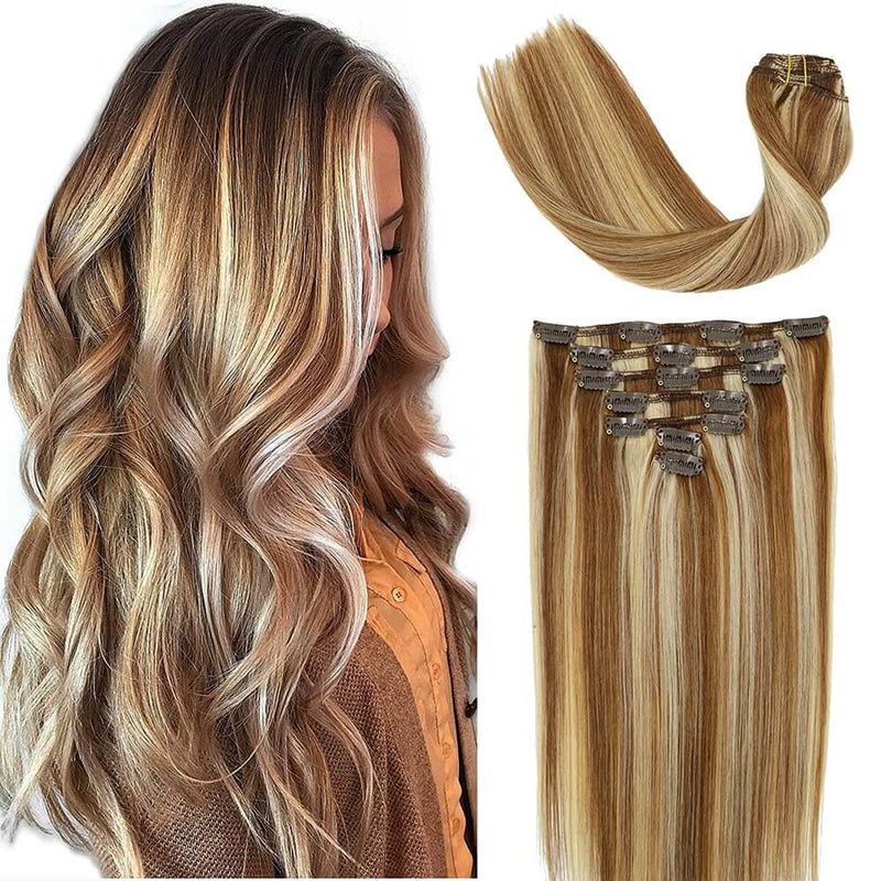 8A Light Brown to Blonde Highlights Clip in Remy Human Hair Extensions (7pcs/70g #6P613)