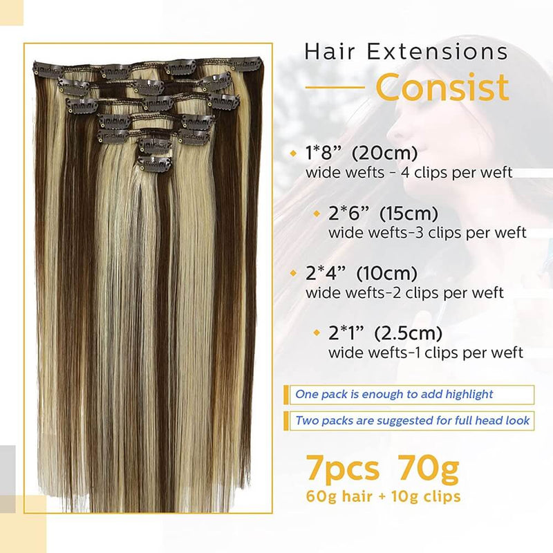 8A Medium Brown to Bleach Blonde Highlights Clip in Remy Human Hair Extensions (7pcs/70g #4P613)