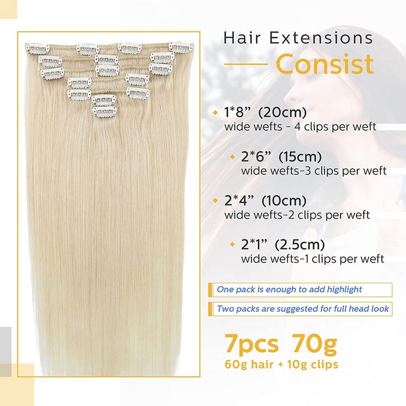 8A Platinum Blonde Clip in Remy Human Hair Extensions (7pcs/70g #60)