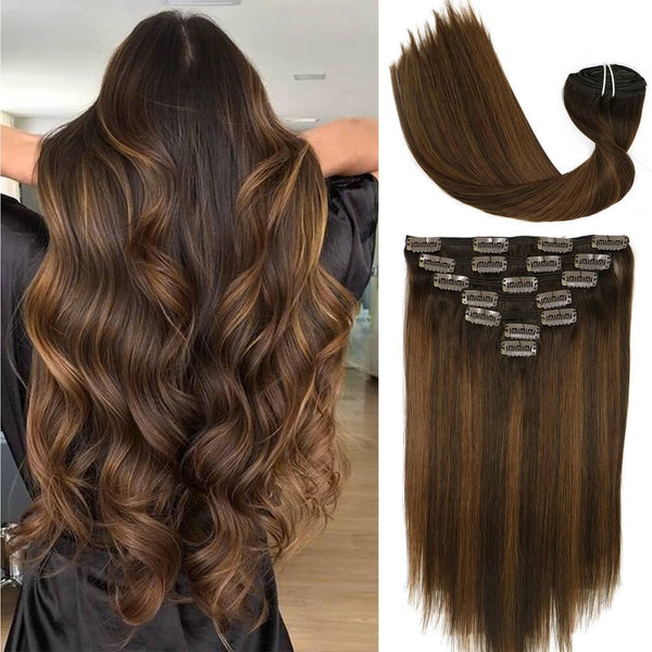 9A Balayage Dark Brown to Chestnut Brown Clip in Remy Human Hair Extensions 7pcs/120g/#2T6P2