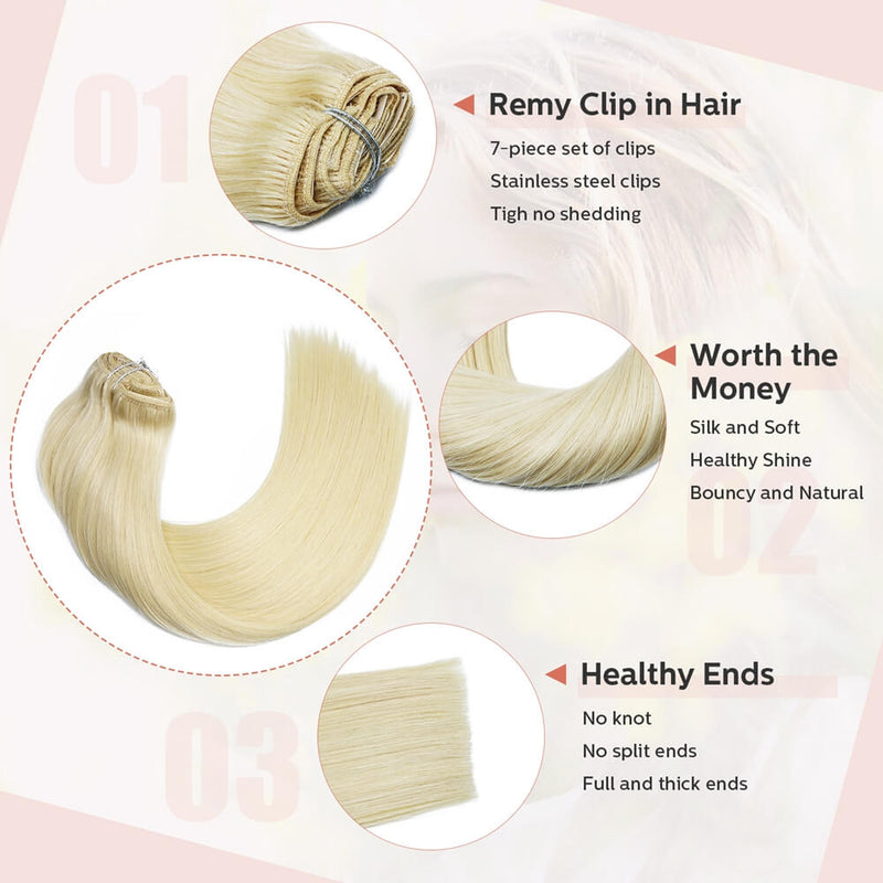 9A Blonde Clip in Remy Human Hair Extensions 7pcs/120g/#60