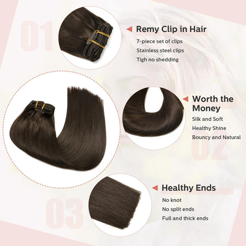 9A Dark Brown Clip in Remy Human Hair Extensions 7pcs/120g/#2