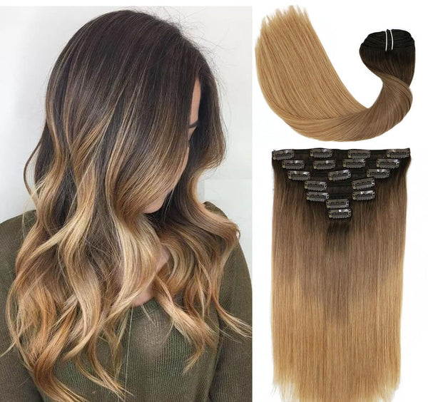 9A Dark Brown Fading to Chestnut Brown and Ash Brown Highlighted Clip in Remy Human Hair Extensions 7pcs/120g/#2T6T27