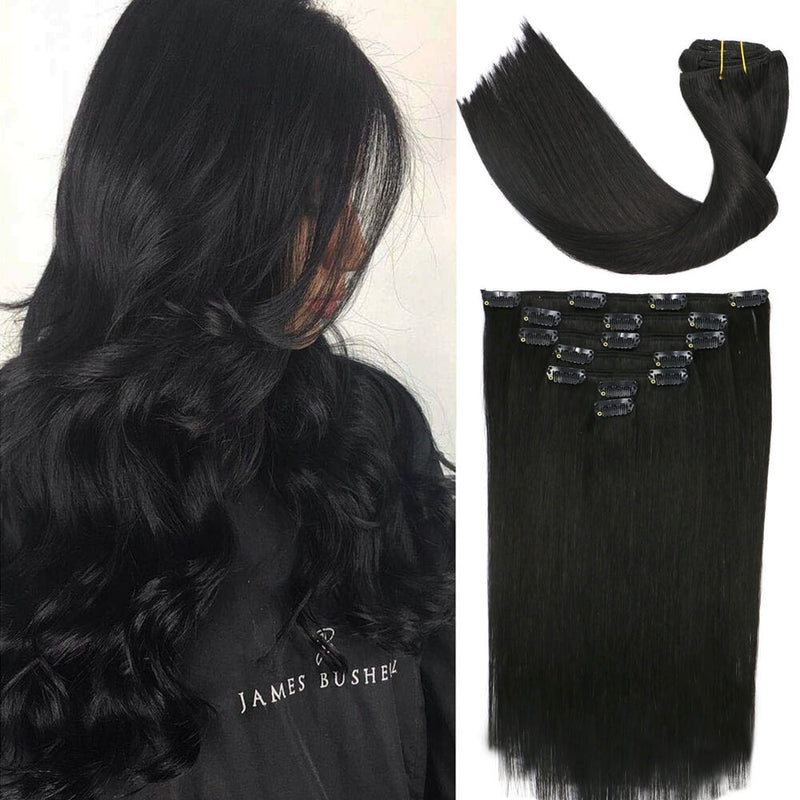 9A Jet Black Clip in Remy Human Hair Extensions 7pcs/120g/#1