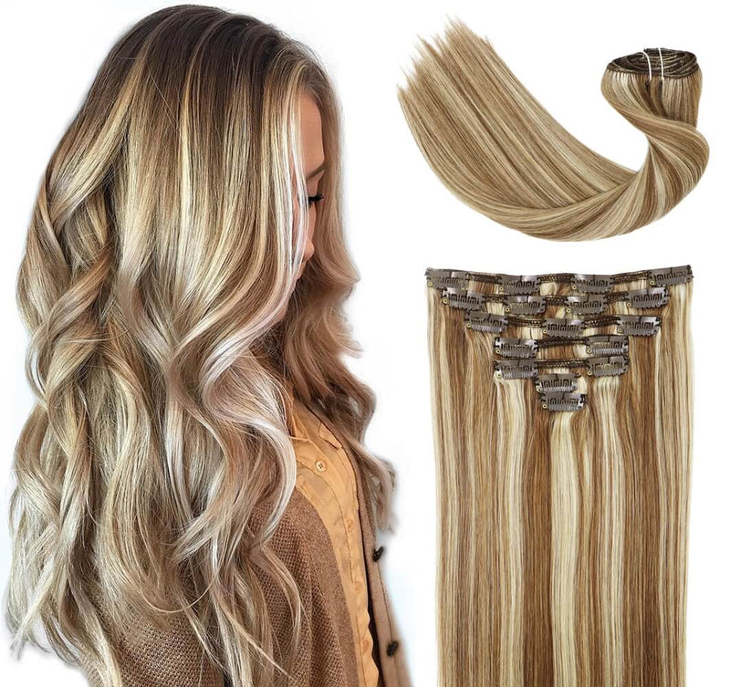 9A Light Brown Highlighted Platinum Blonde Clip in Remy Human Hair Extensions 7pcs/120g/#18P60
