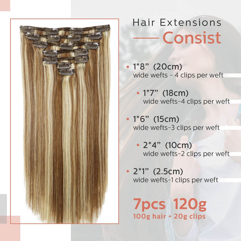 9A Light Brown Highlighted Platinum Blonde Clip in Remy Human Hair Extensions 7pcs/120g/#18P60