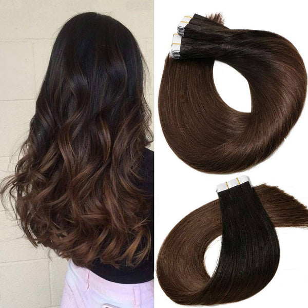 9A Natural Black Fading to Medium Brown Tape In Remy Human Hair Extensions (20pcs/50g)