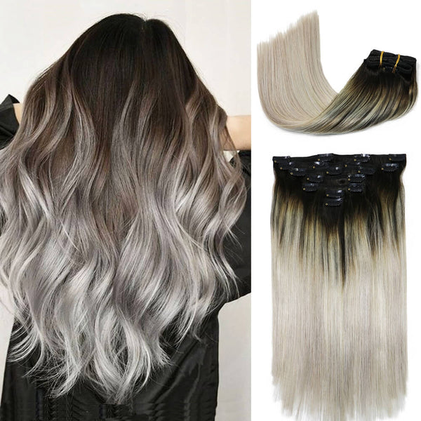 9A Natural Black Fading to Silver Gray Clip in Remy Human Hair Extensions 7pcs/120g/#1bGRAY