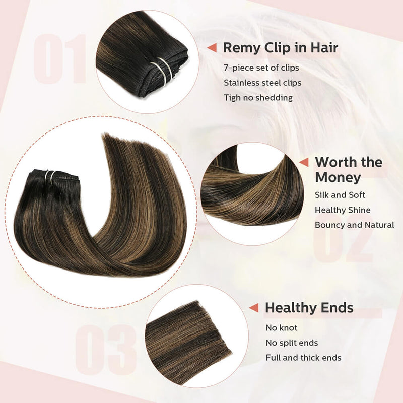 9A Natural Black to Chestnut Brown Highlight Black Clip in Remy Human Hair Extensions 7pcs/120g/#(1BT6)P1B