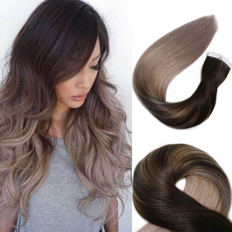 9A Ombre Dark Brown Fading to PinkGray Tape In Remy Human Hair Extensions (20pcs/50g)