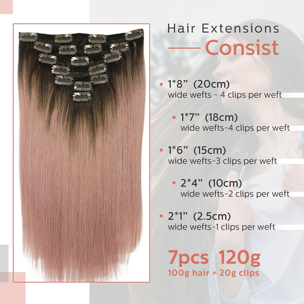9A Ombre Dark Brown to Pink Gray Clip in Remy Human Hair Extensions 7pcs/120g/#2tGRAY