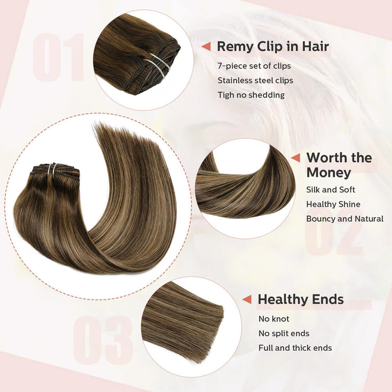 9A Ombre Hair Chocolate Brown to Caramel Blonde Balayage Clip in Remy Human Hair Extensions 7pcs/120g/#(4T27)P4