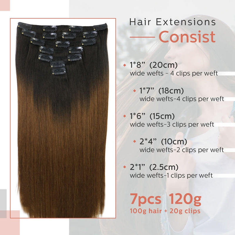 9A Ombre Natural Black to Medium Brown Clip in Remy Human Hair Extensions 7pcs/120g/#1BT4