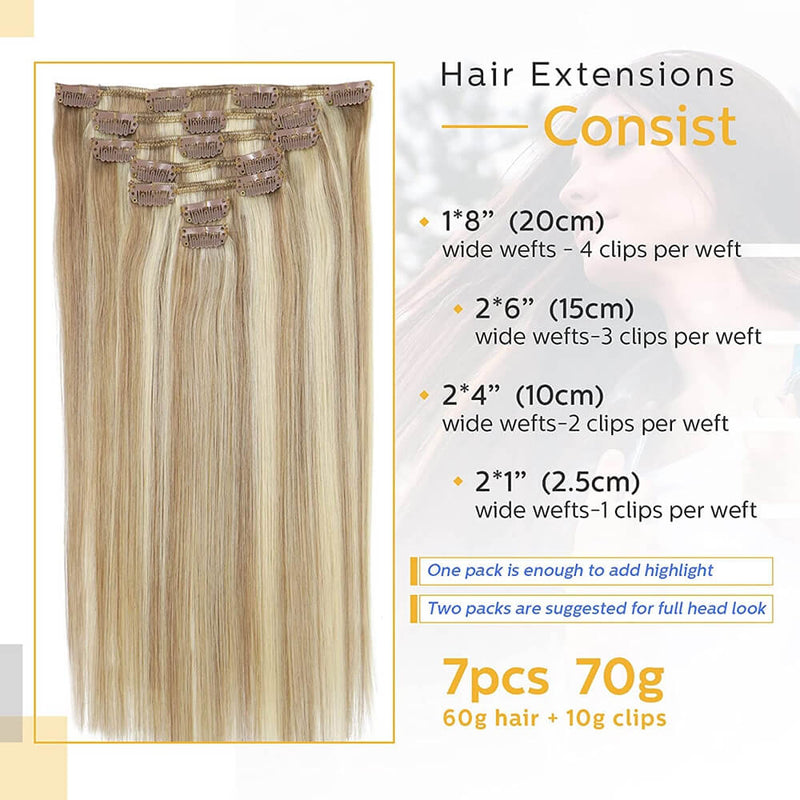 8A Blonde Mixed Bleach Blonde Clip in Remy Human Hair Extensions (7pcs/70g #18P613)