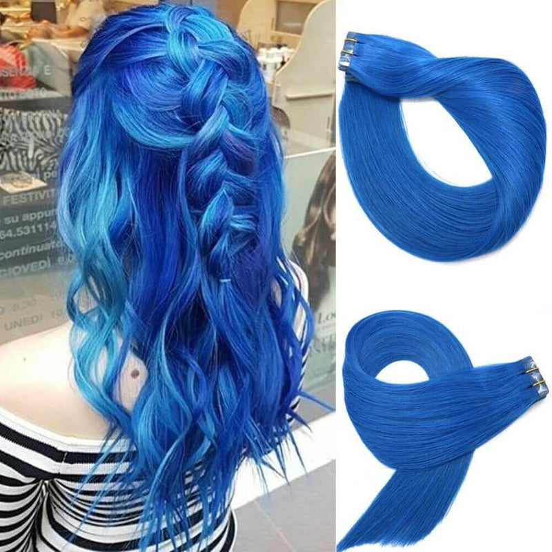 8A Blue Tape In Remy Human Hair Extensions (20 pcs #Blue)