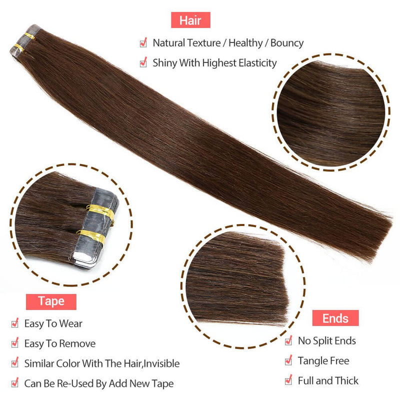 8A Dark Brown Tape In Remy Human Hair Extensions (20 pcs #2)