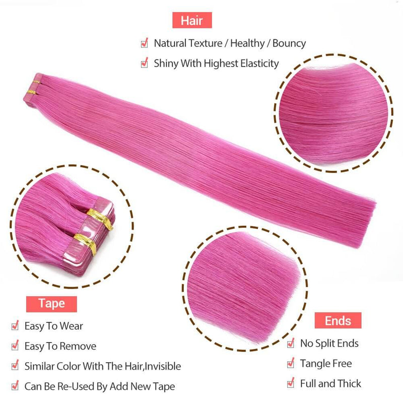 8A Pink Tape In Remy Human Hair Extensions (20 pcs #Pink)