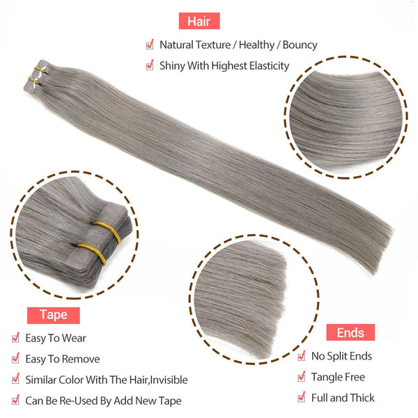 8A Silver Gray Tape In Remy Human Hair Extensions (20 pcs #Silver Gray)