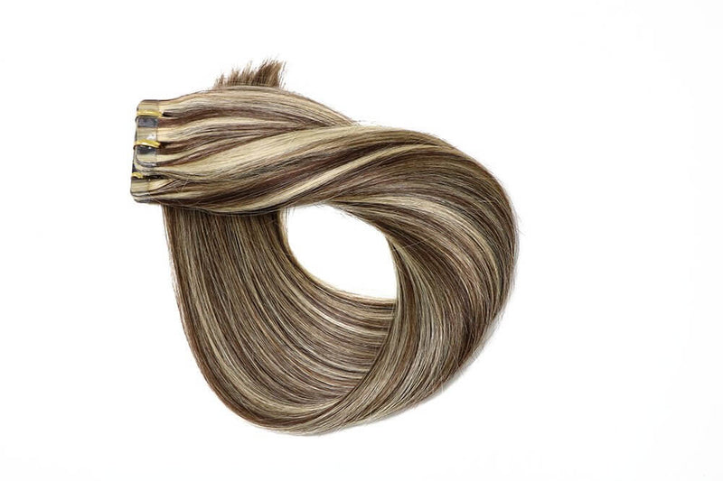 8A Two-tone Colored Hair - Bleach Blonde (Color 613) Highlighted with Dark Brown (Color #2) Tape In Remy Human Hair Extensions (20 pcs #P2/613)