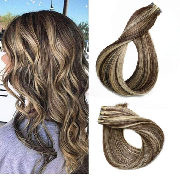 8A Two-tone Colored Hair - Bleach Blonde (Color 613) Highlighted with Dark Brown (Color #2) Tape In Remy Human Hair Extensions (20 pcs #P2/613)